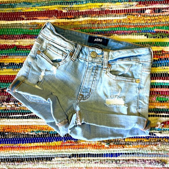 AERO Lt Blue Distressed MIDI Denim Shorts- #1813 - Picture 1 of 13